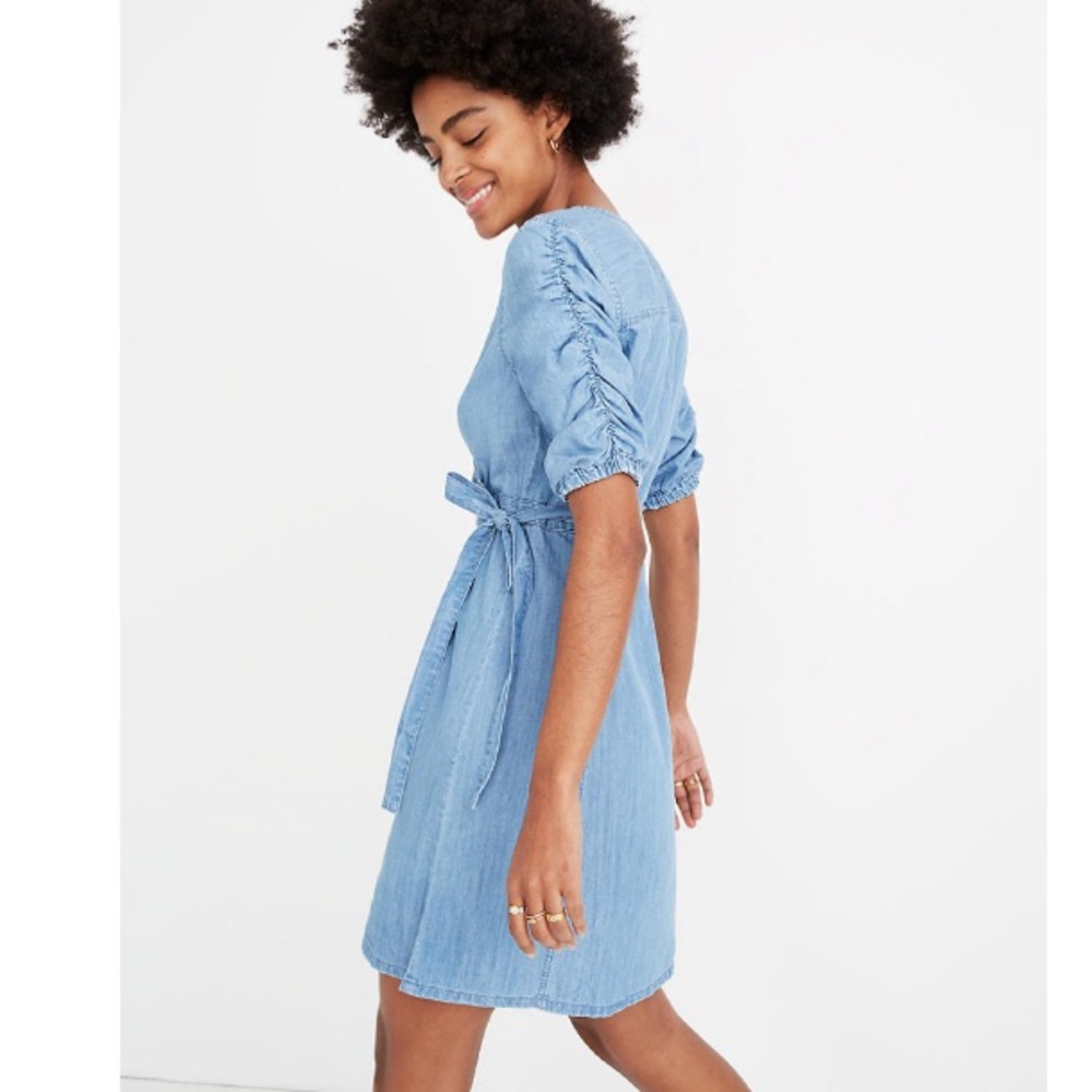 Madewell Denim Shirred-Sleeve Wrap Dress